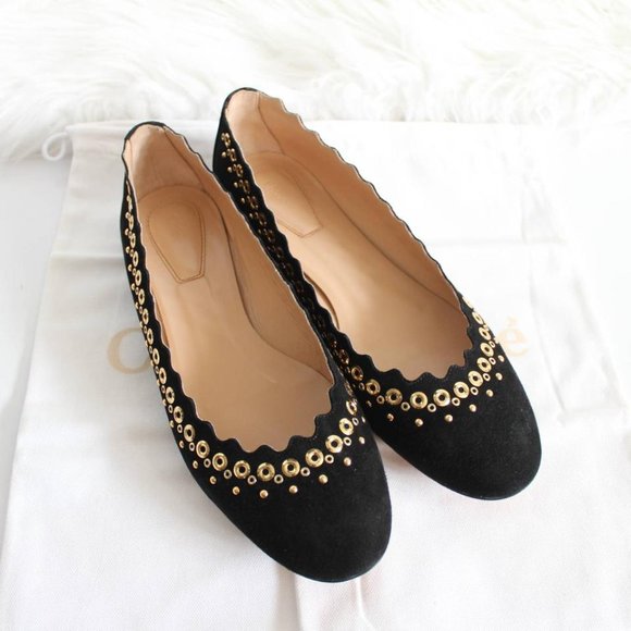 NWT Chloé Black Suede Scalloped Gold Studded Ballet Flat - Picture 9 of 16